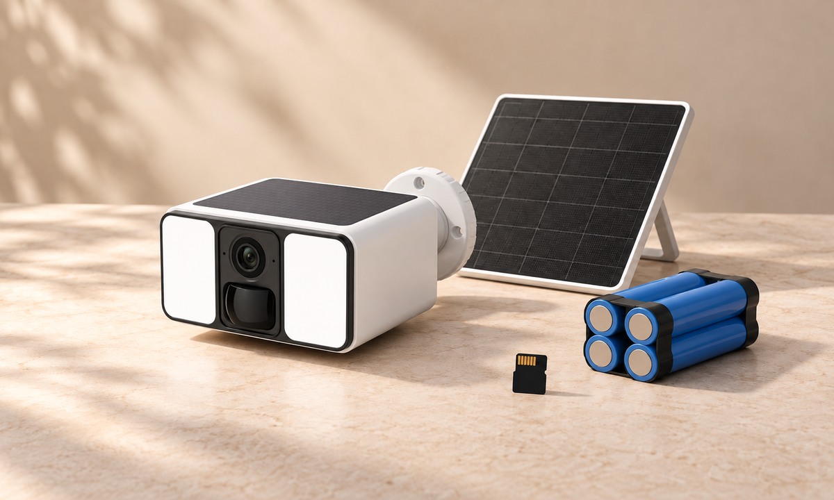 Solar camera configuration with 18650 battery pack and memory card