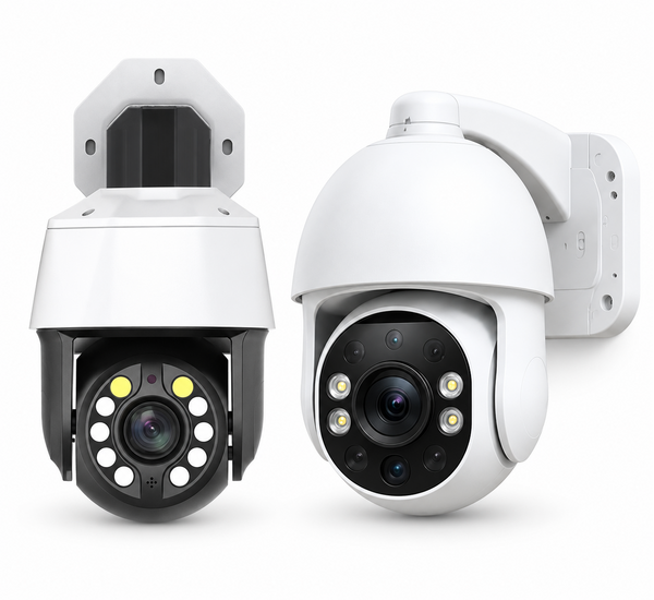 Two wall-mounted PTZ security cameras